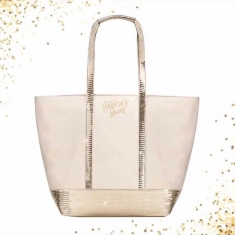 New Victoria’s Secret Canvas Tote With Gold Sequins Overnight Bag